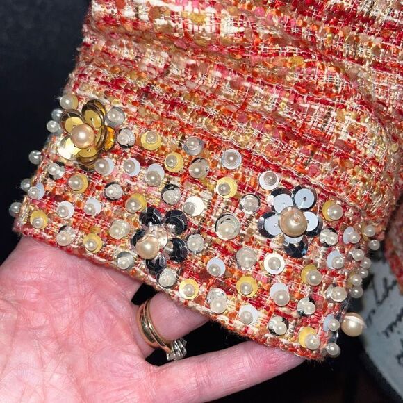 Chico’s orange & white tweed pearl collar jacket - Picture 5 of 6